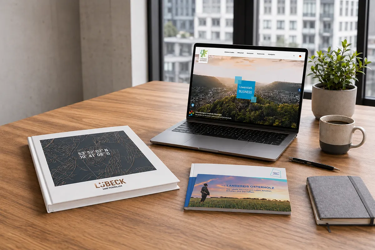 Laptop mit Standortmarketing-Webseite und neomedia-Bücher auf einem Holztisch